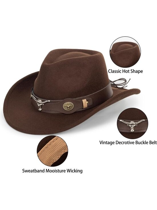 Women’s Brown Western Cowboy Hat with Bull Charm Leather Band Style (Size:S-M)